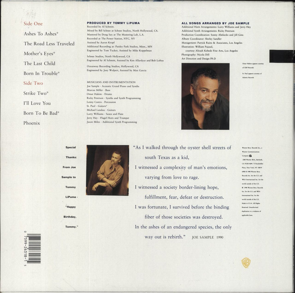 Joe Sample Ashes To Ashes US vinyl LP album (LP record) 075992631815