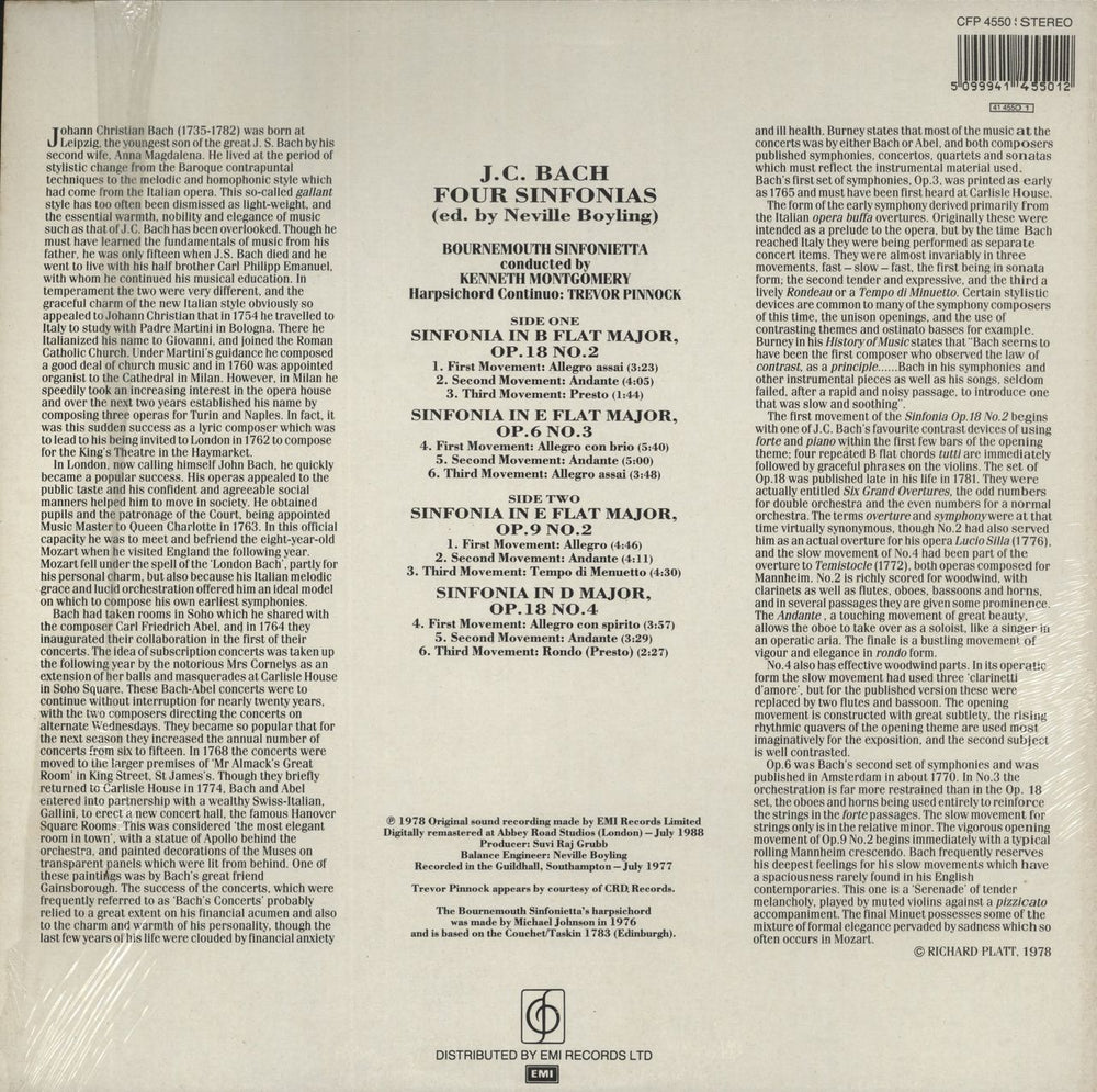 Johann Christian Bach J. C. Bach: Sinfonias UK vinyl LP album (LP record) 5099941455012