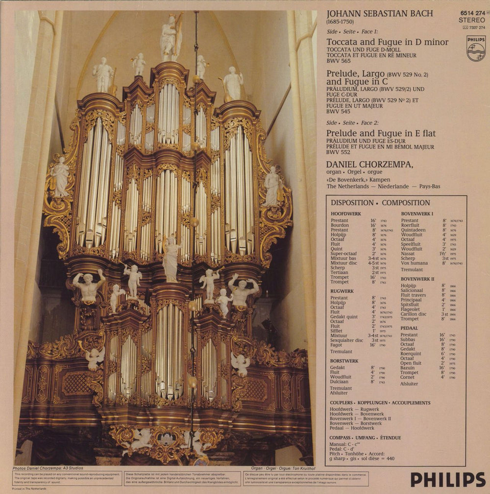 Johann Sebastian Bach Bach: Toccata & Fugue In D Minor / Prelude & Fugue In E Flat / Prelude, Largo & Fugue In C Dutch vinyl LP album (LP record)