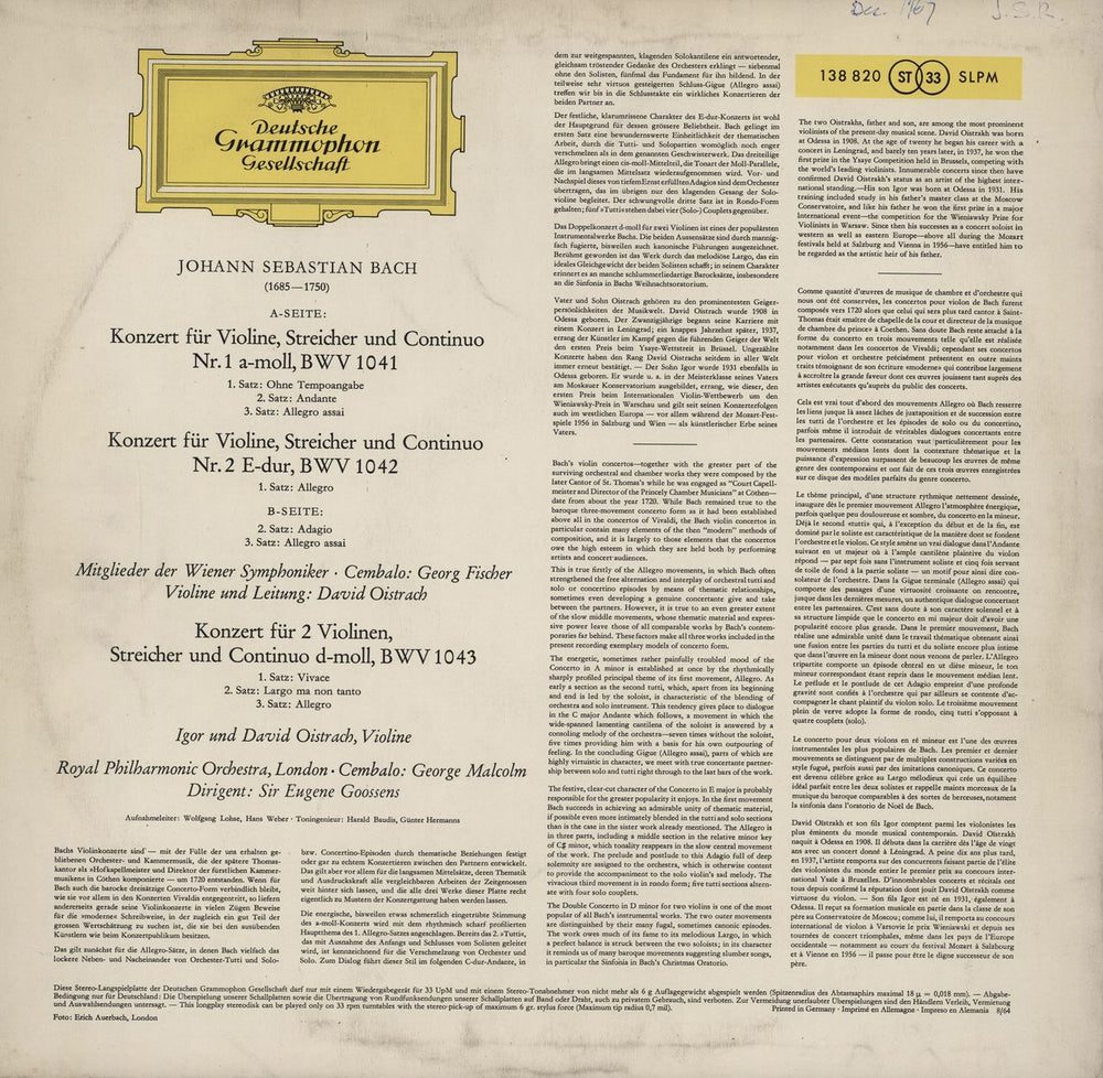 Johann Sebastian Bach Bach: Violin Concertos in A Minor & E Major/ Double Violin Concerto in D Minor German vinyl LP album (LP record)