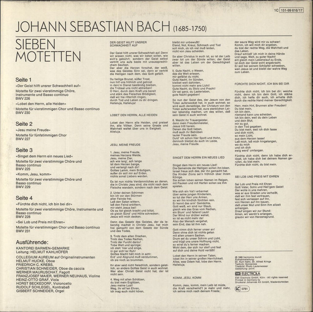 Johann Sebastian Bach Sieben Motetten German 2-LP vinyl record set (Double LP Album)