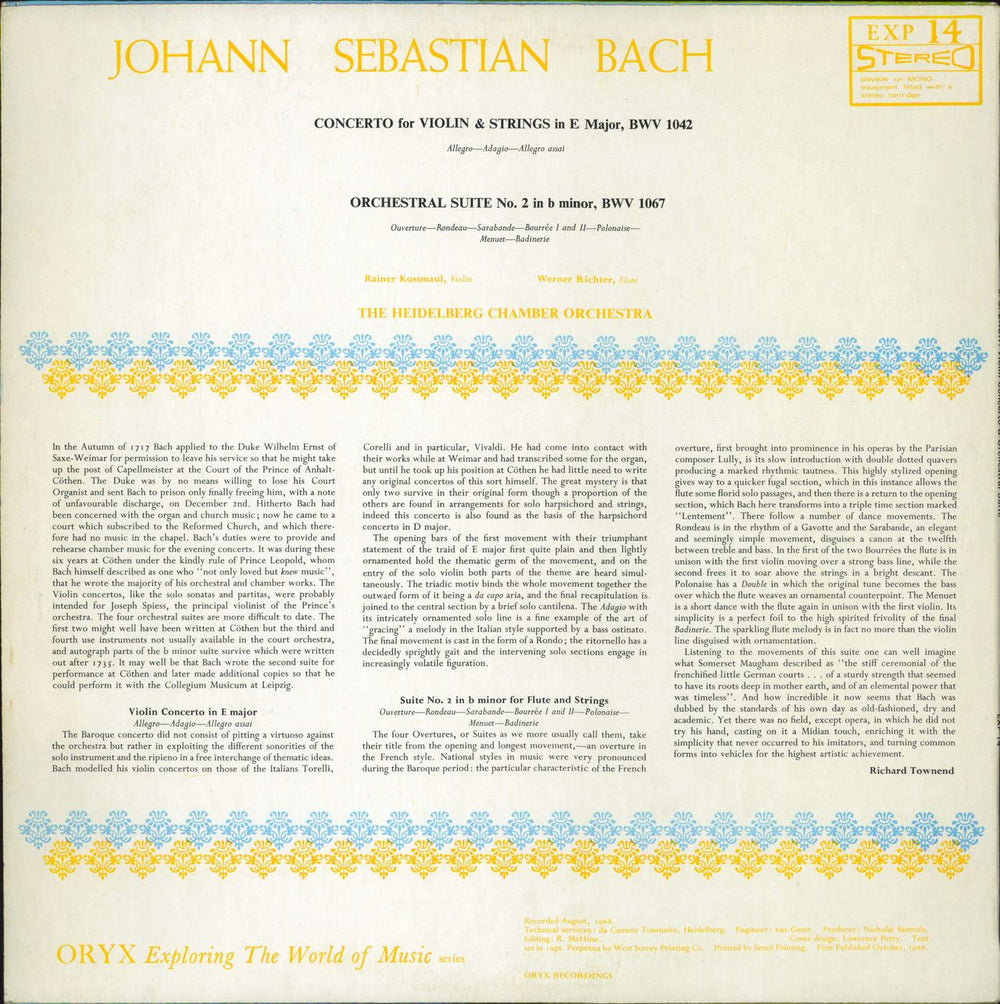 Johann Sebastian Bach Violin Concerto in E Major, BWV1042 / Orchestral Suite No. 2 in B Minor, BWV1067 UK vinyl LP album (LP record)