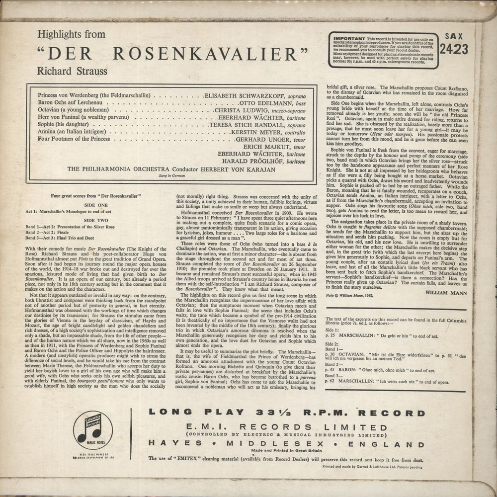 Johann Strauss II (1825-1899) Strauss: Der Rosenkavalier Highlights UK vinyl LP album (LP record)