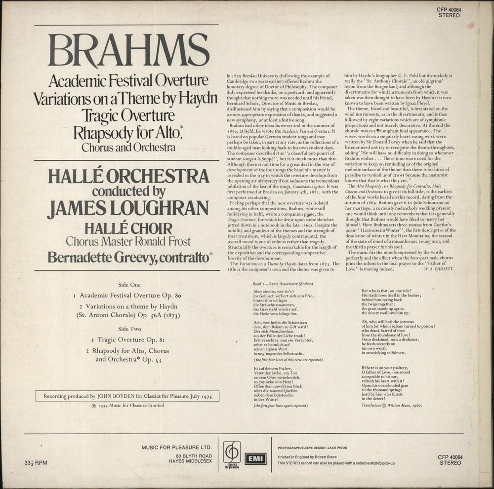 Johannes Brahms Academic Festival Overture / Variations On A Theme By Haydn / Tragic Overture / Rhapsody For Alto, C UK vinyl LP album (LP record)