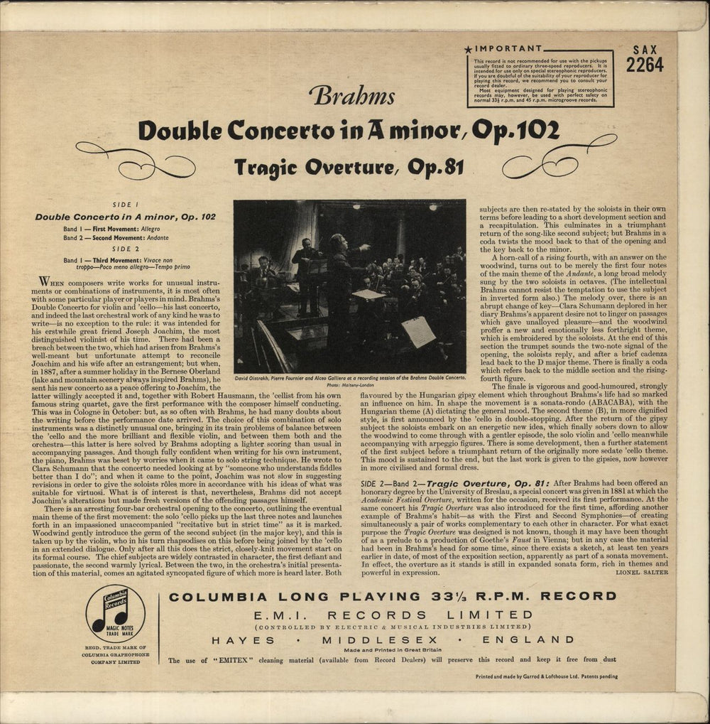 Johannes Brahms Double Concerto In A Minor, Op. 102, Tragic Overture, Op. 81 - 1st UK vinyl LP album (LP record)