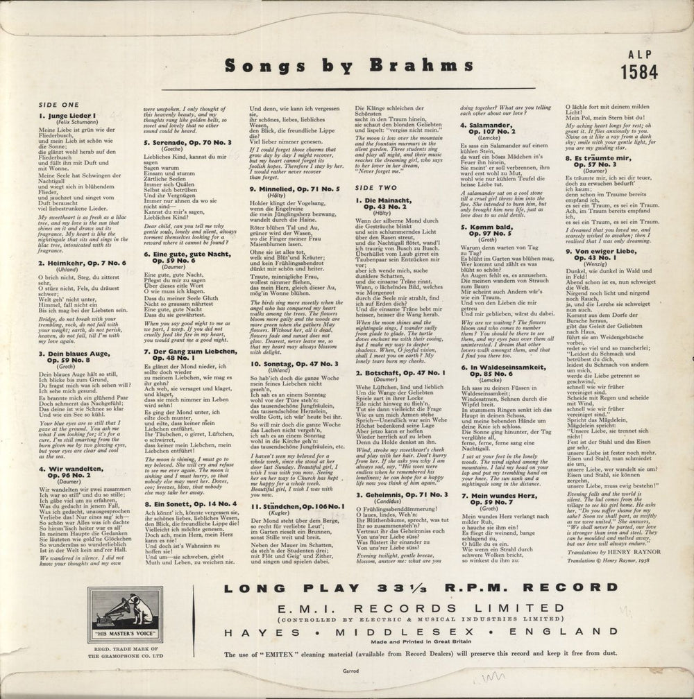 Johannes Brahms Songs By Brahms UK vinyl LP album (LP record)