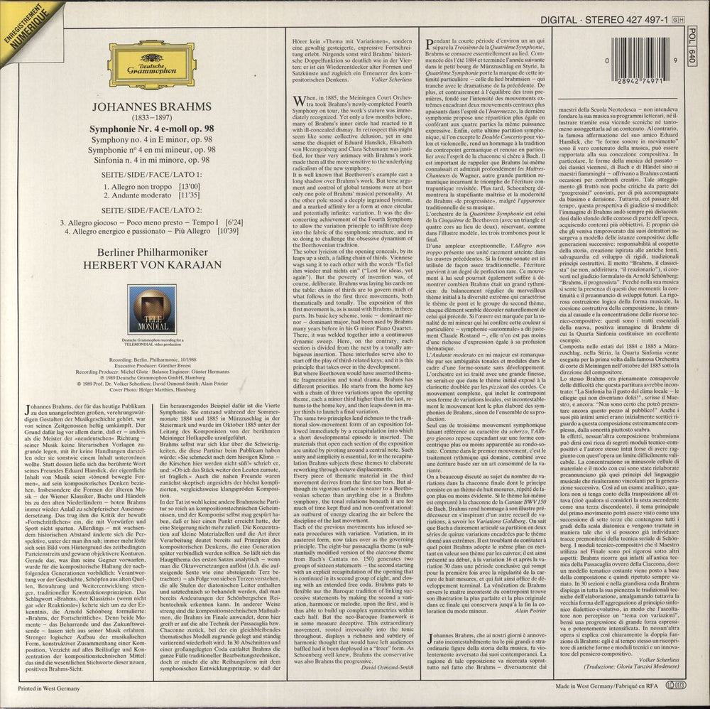 Johannes Brahms Symphony No. 4 UK vinyl LP album (LP record)