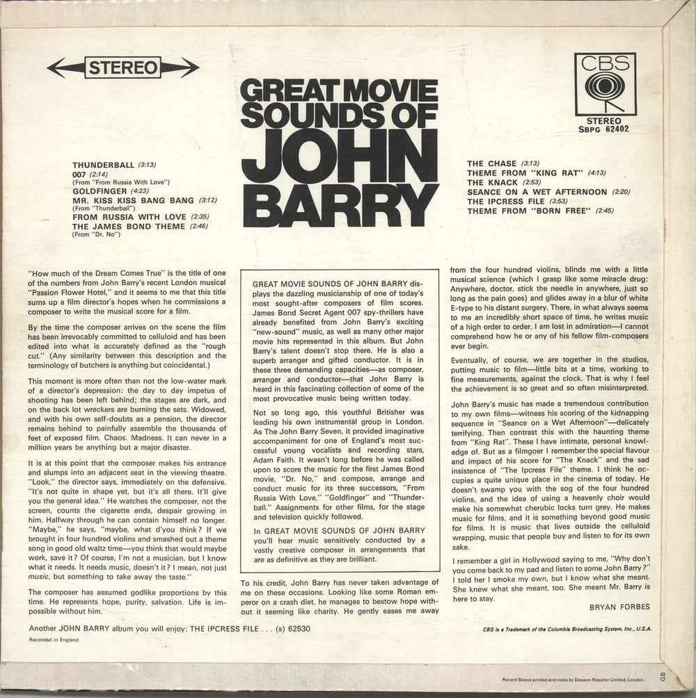 John Barry (Composer) Great Movie Sounds Of John Barry UK vinyl LP album (LP record) JBYLPGR693346