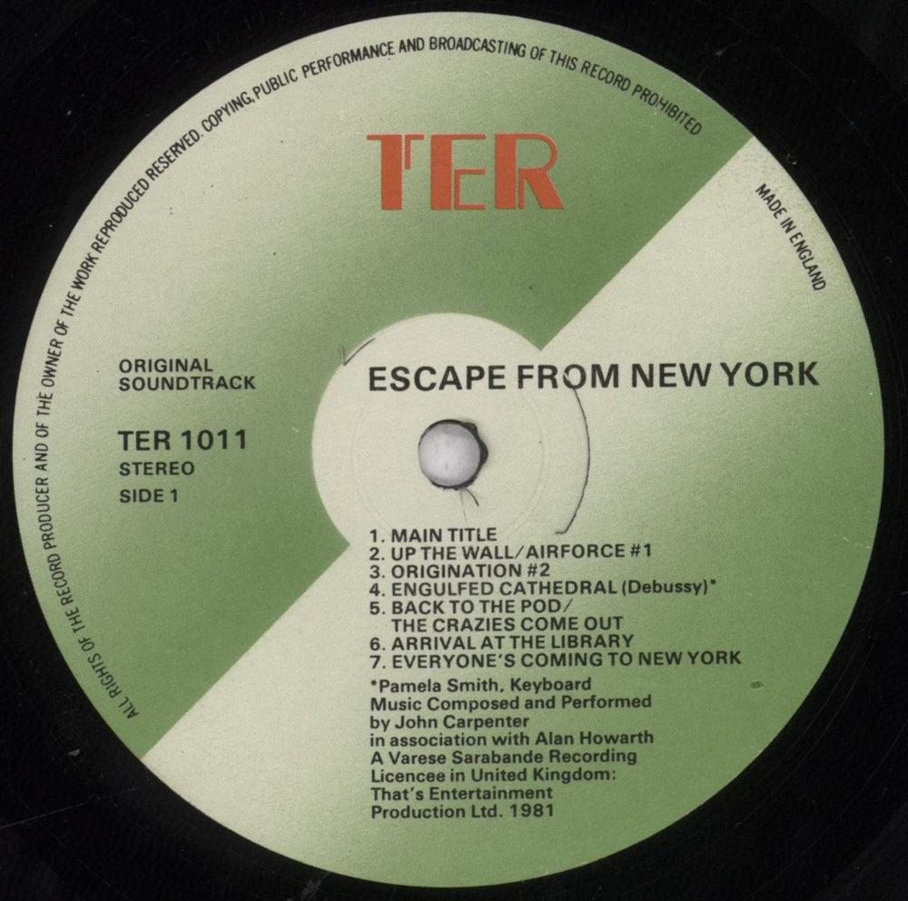 John Carpenter Escape From New York - EX UK vinyl LP album (LP record) JZVLPES728408