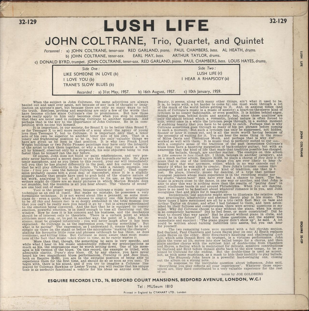 John Coltrane Lush Life - 1st - VG UK vinyl LP album (LP record)