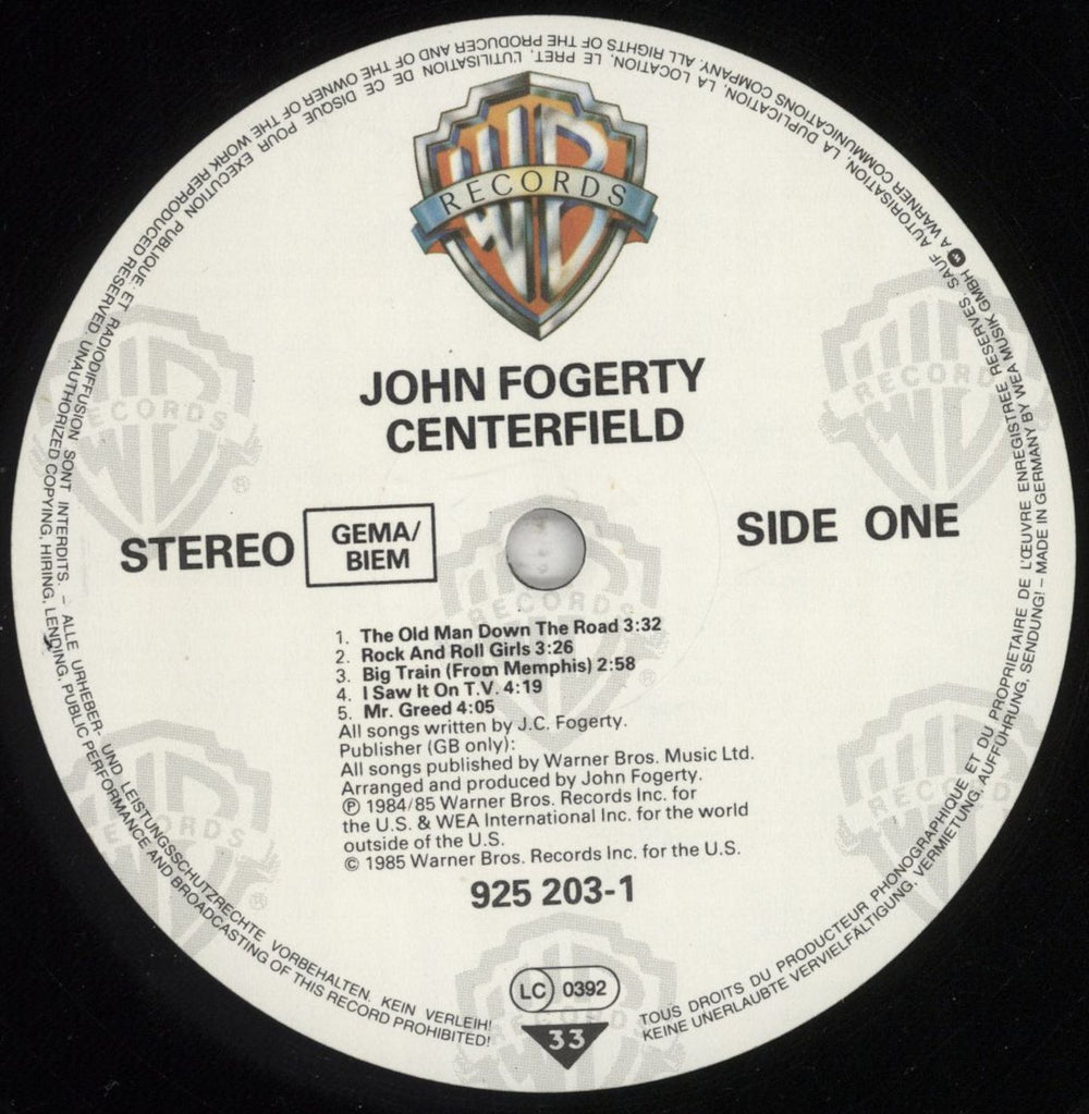 John Fogerty Centerfield German vinyl LP album (LP record) FOGLPCE298896