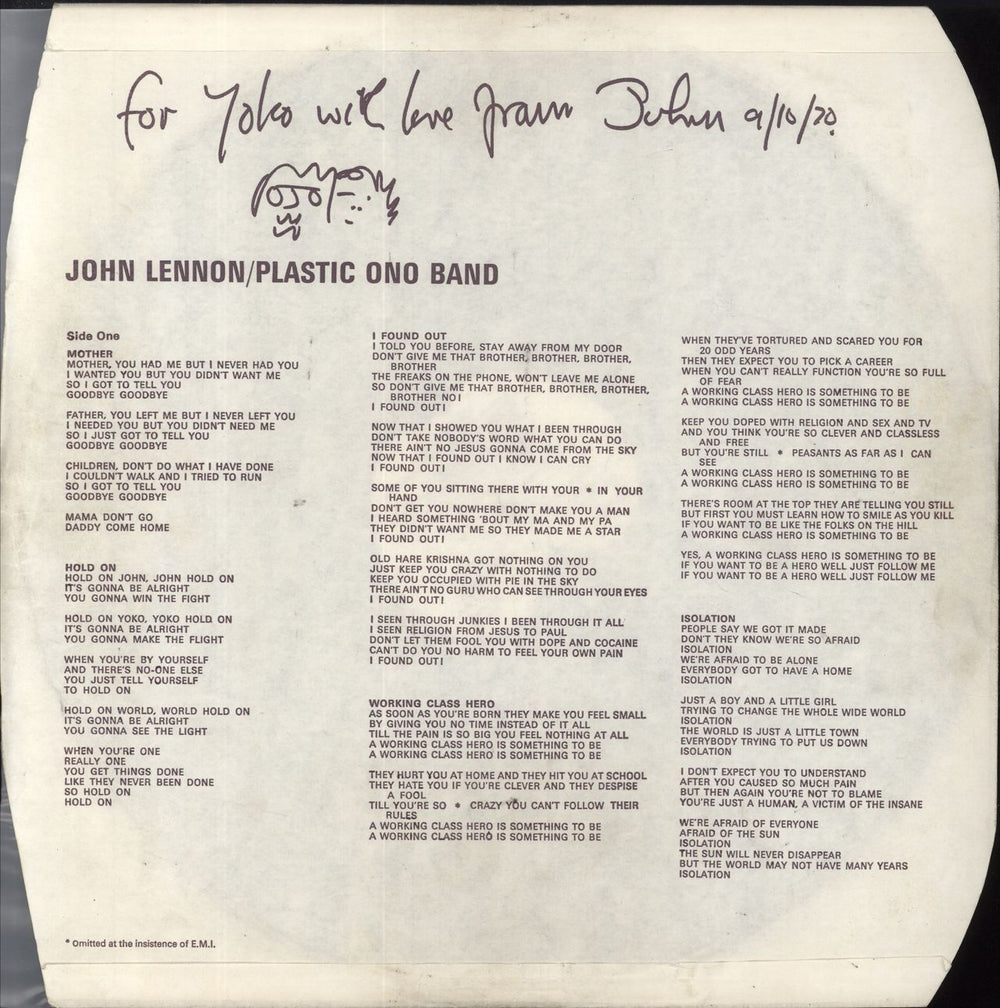 John Lennon John Lennon / Plastic Ono Band - 1st + lyric inner - EX UK vinyl LP album (LP record)