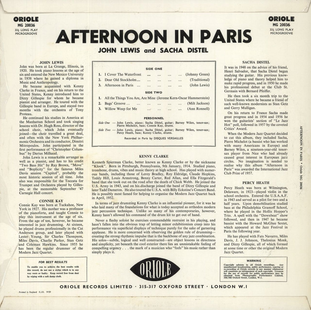 John Lewis Afternoon In Paris - 1st UK vinyl LP album (LP record)