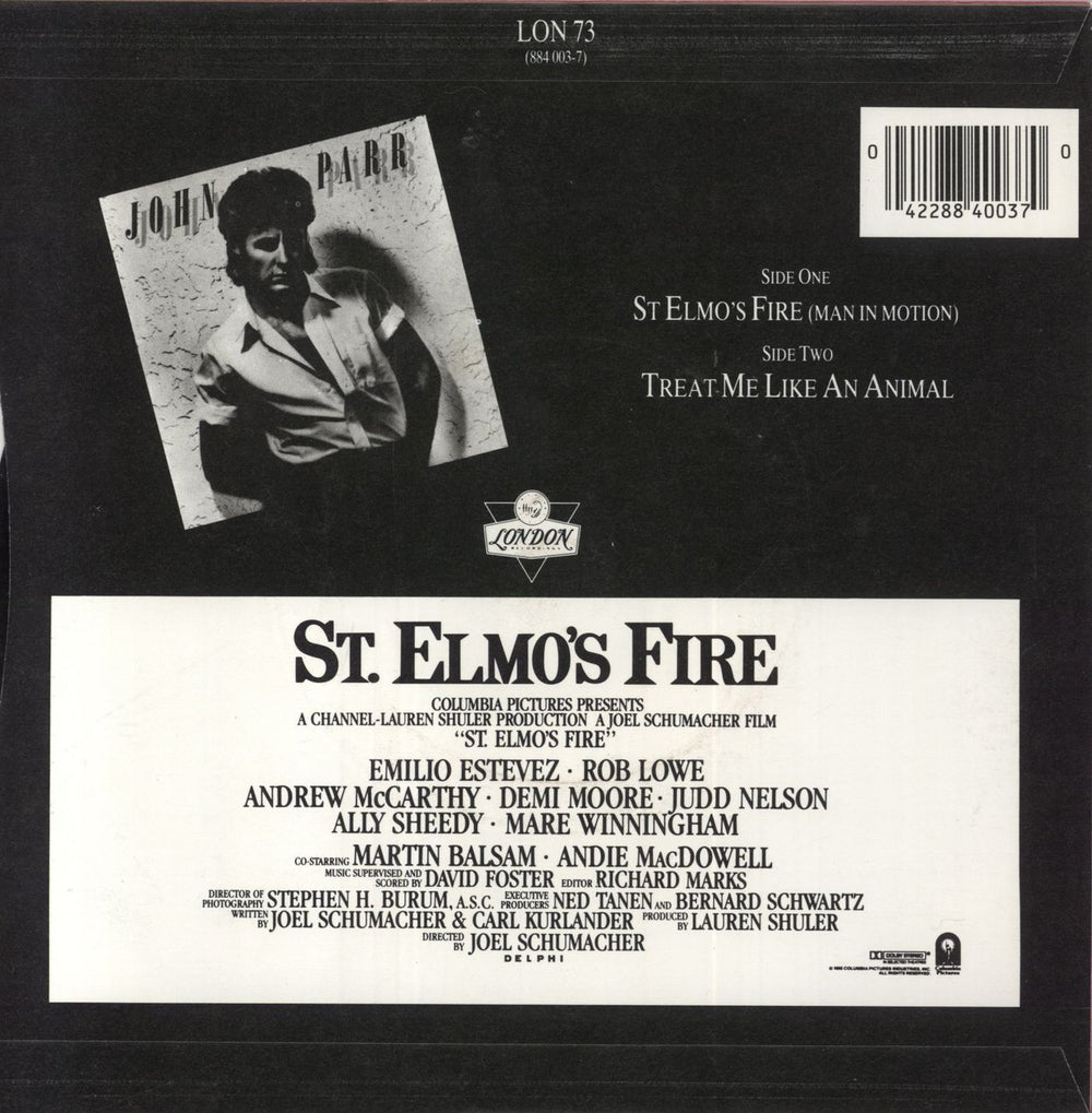 John Parr St. Elmo's Fire (Man In Motion) - P/S UK 7" vinyl single (7 inch record / 45) 042288400370