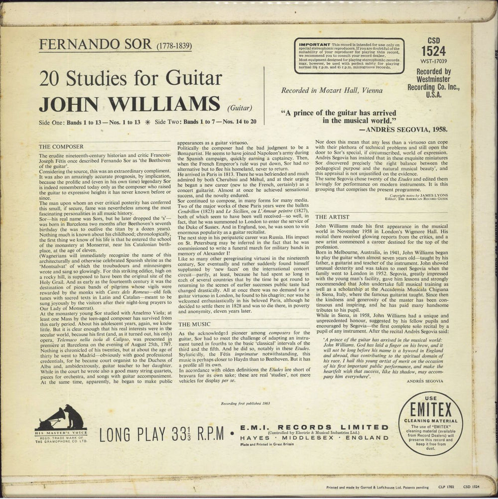 John Williams (Guitarist) 20 Studies For Guitar By Fernando Sor UK vinyl LP album (LP record)