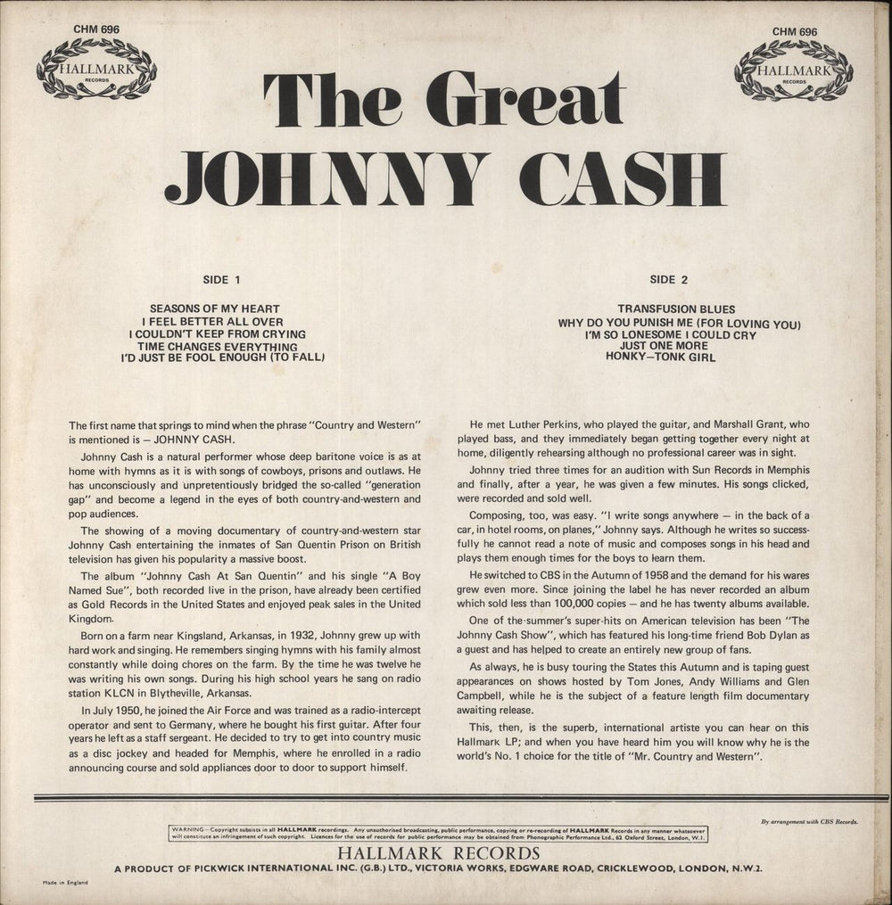 Johnny Cash The Great Johnny Cash UK vinyl LP album (LP record)