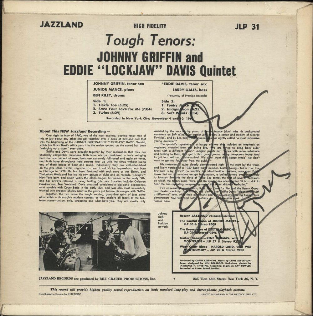 Johnny Griffin & Eddie 'Lockjaw' Davis Tough Tenors - Test Pressing - Autographed UK vinyl LP album (LP record)