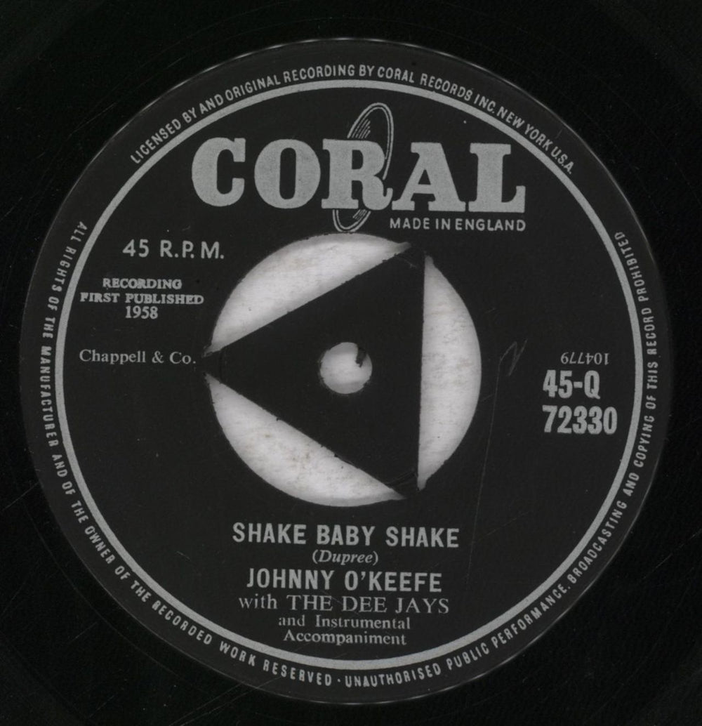 Johnny O'Keefe Shake Baby Shake UK 7" vinyl single (7 inch record / 45) 45-Q72330