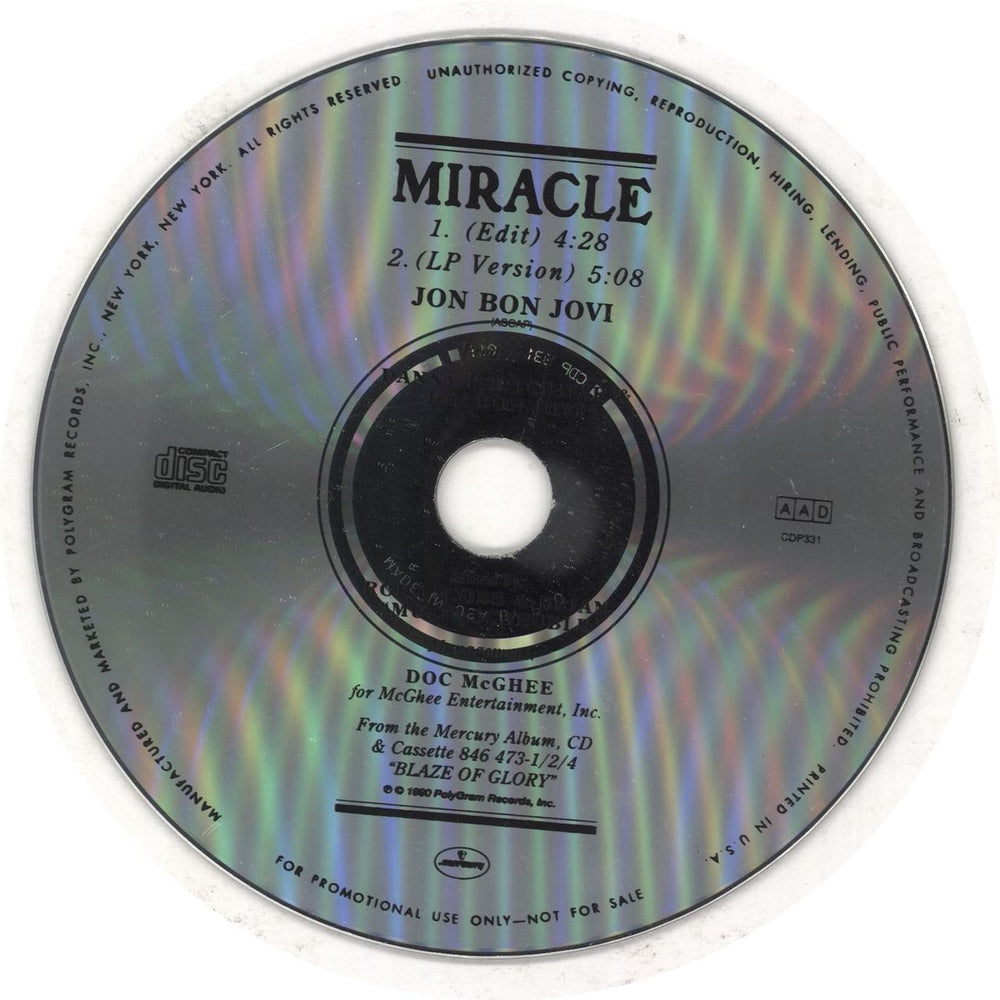 Jon Bon Jovi Miracle US Promo CD single (CD5 / 5") CDP331