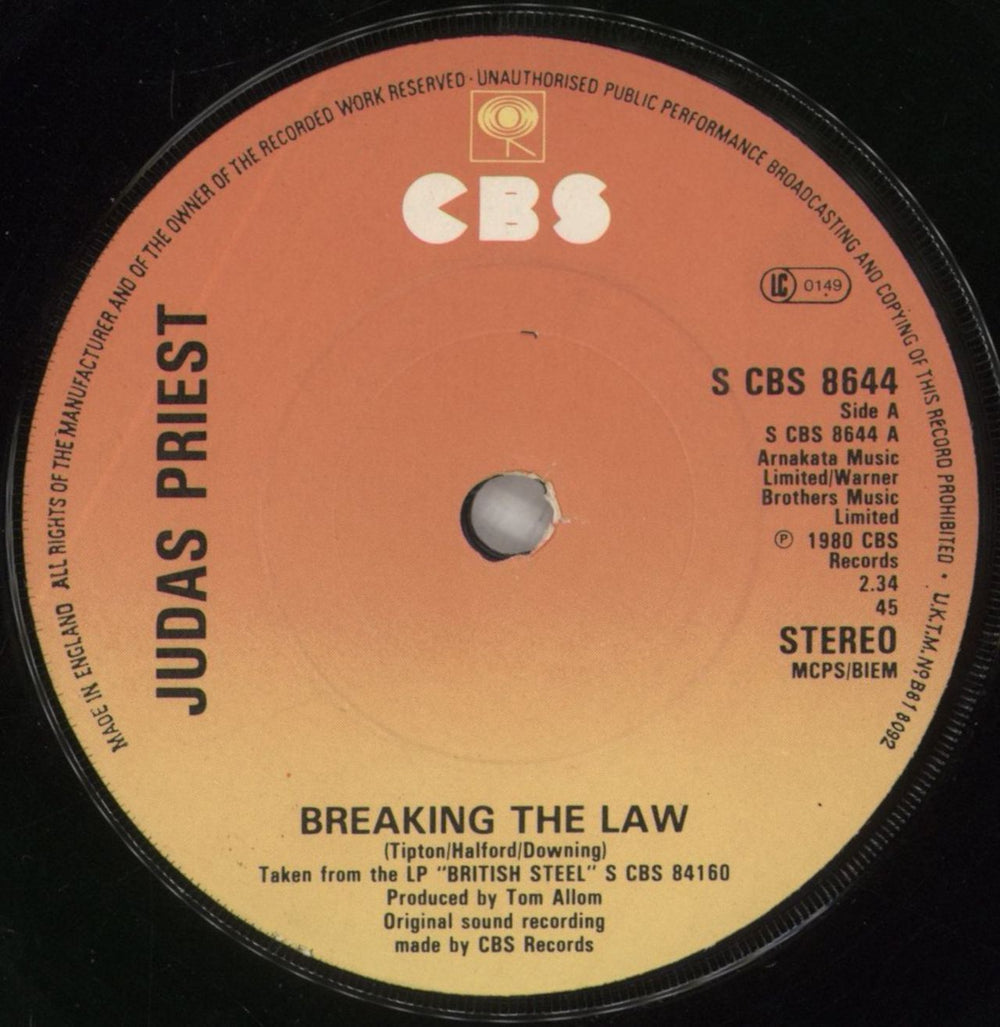 Judas Priest Breaking The Law UK 7" vinyl single (7 inch record / 45) JUD07BR47617