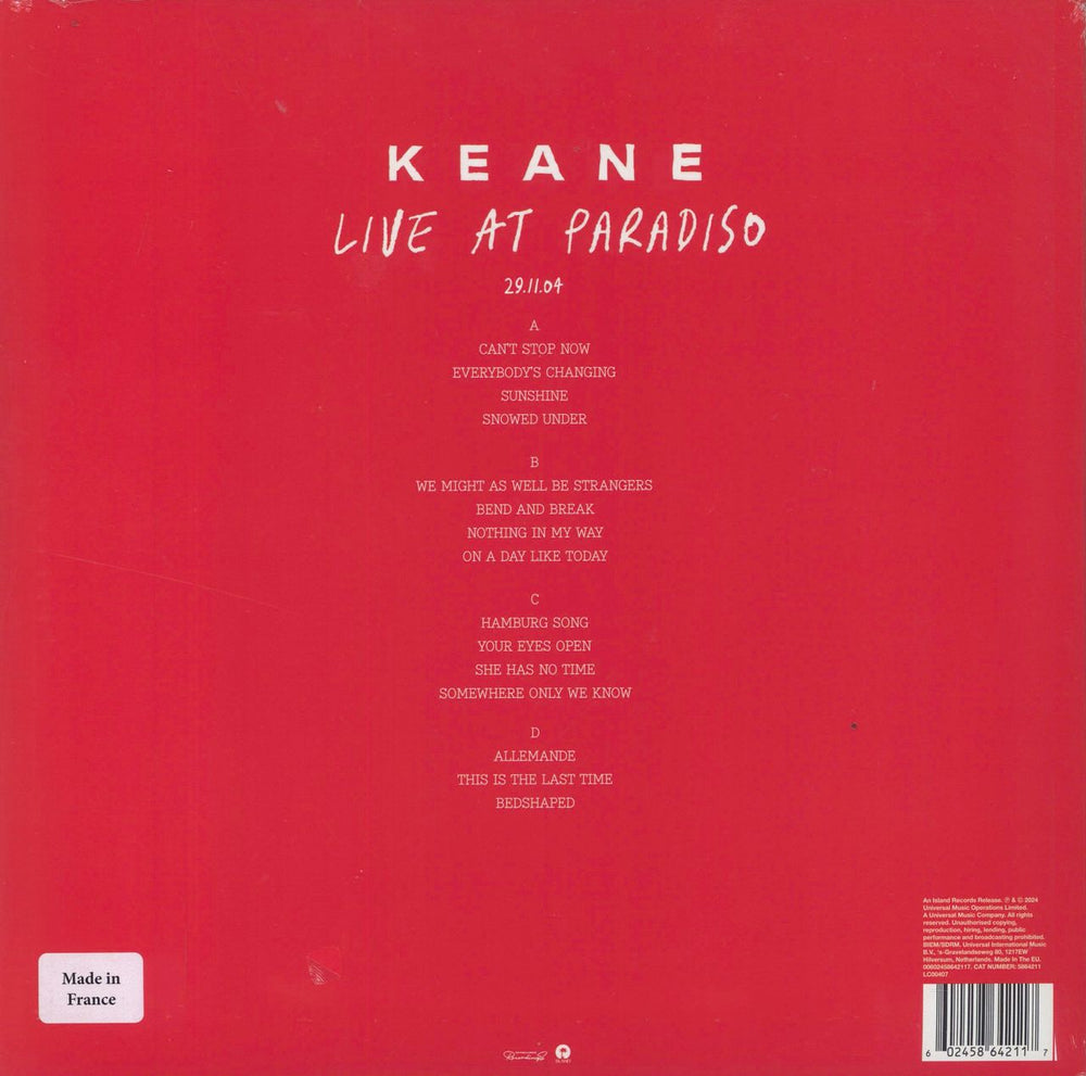 Keane (00s) Live At Paradiso 29.11.04 - Red & White Vinyl - RSD 2024 - Sealed UK 2-LP vinyl record set (Double LP Album) 602458642117