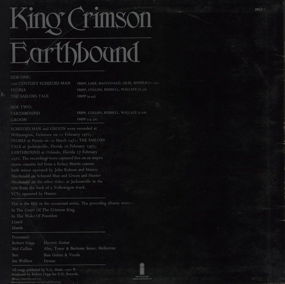 King Crimson Earthbound - 1st - EX UK vinyl LP album (LP record)