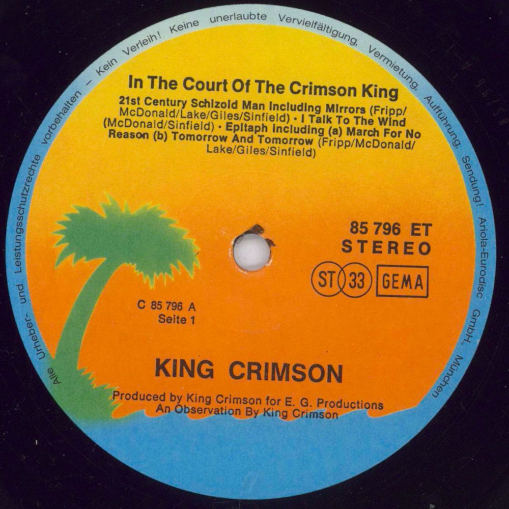 King Crimson In The Court Of The Crimson King - Sunset Palm Tree label German vinyl LP album (LP record) KNCLPIN829834