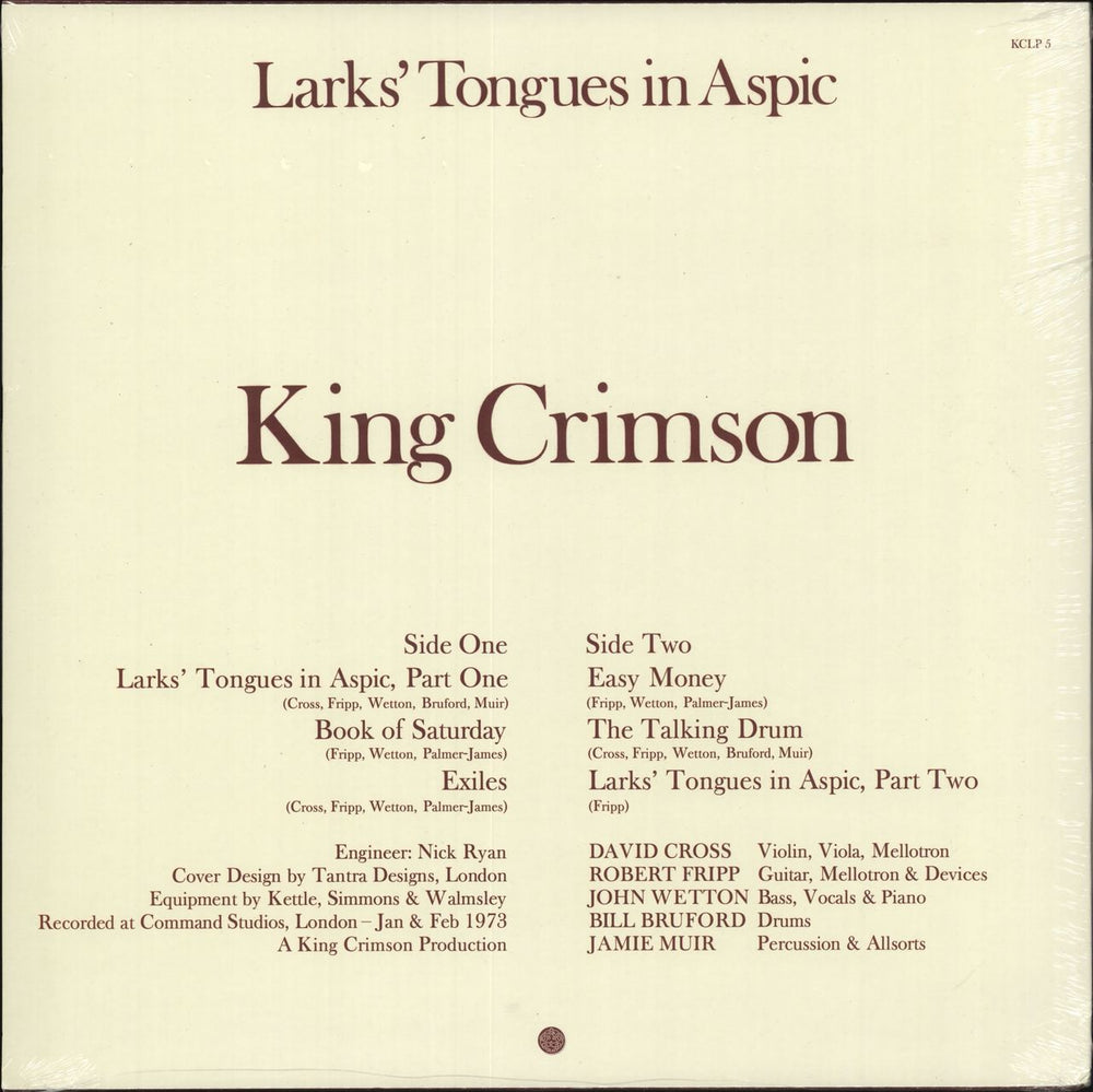 King Crimson Larks' Tongues In Aspic - 200 Gram Super Heavyweight Vinyl - Sealed UK vinyl LP album (LP record) KNCLPLA709852