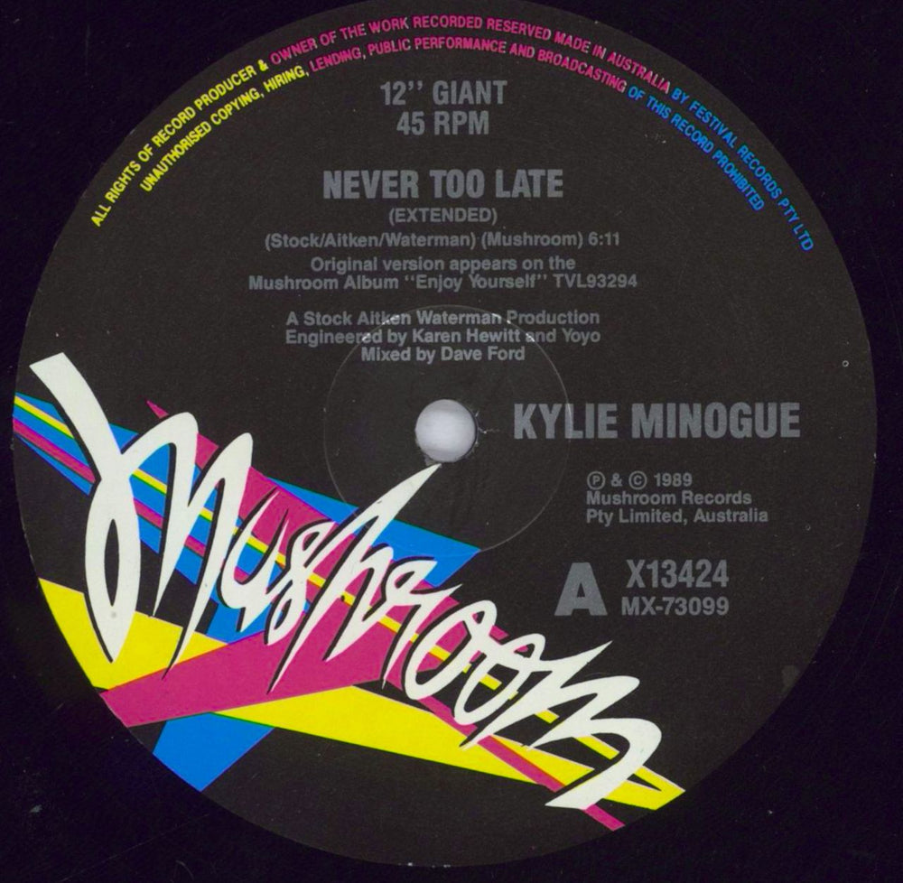 Kylie Minogue Never Too Late Australian 12" vinyl single (12 inch record / Maxi-single) KYL12NE59300