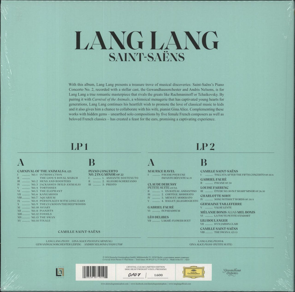 Lang Lang Saint-Saens - 180 Gram Clear Vinyl - Sealed UK 2-LP vinyl record set (Double LP Album) 028948750191