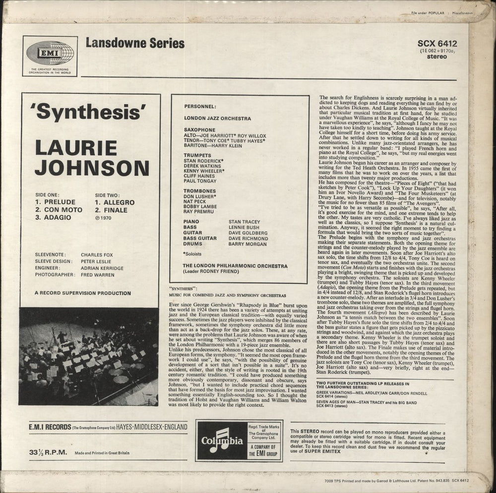 Laurie Johnson Synthesis UK vinyl LP album (LP record)