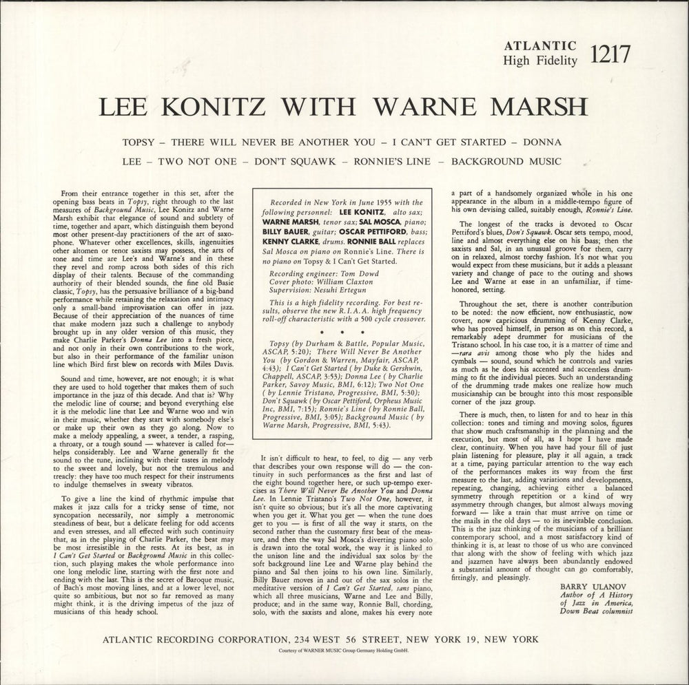 Lee Konitz Lee Konitz With Warne Marsh - 180gm US vinyl LP album (LP record) 4260019715739