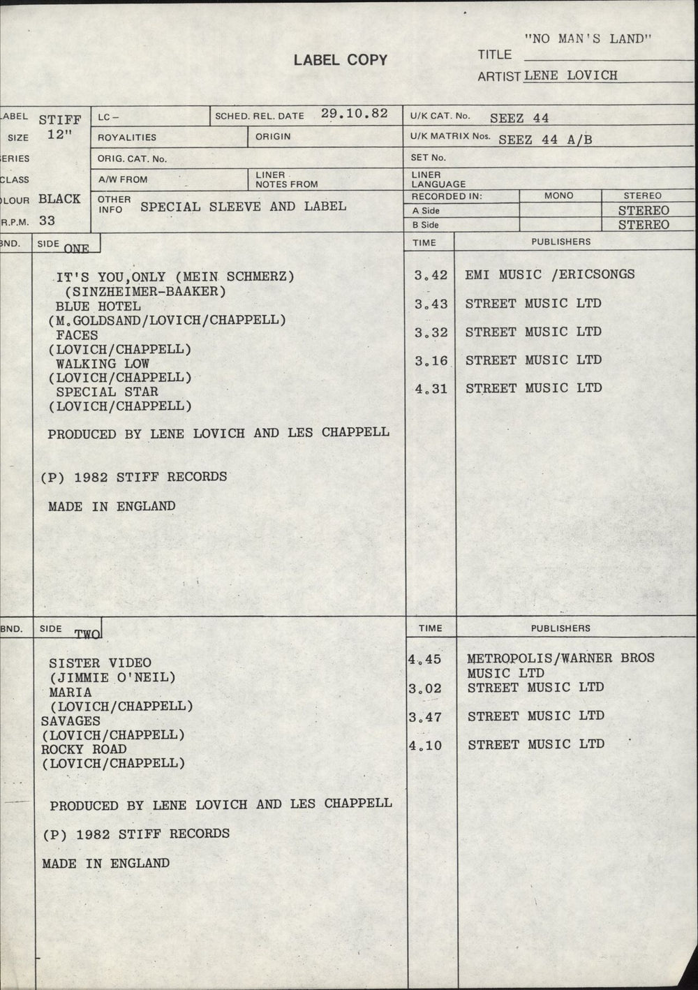 Lene Lovich No Man's Land - Test Pressing + Copy Sheet UK vinyl LP album (LP record)
