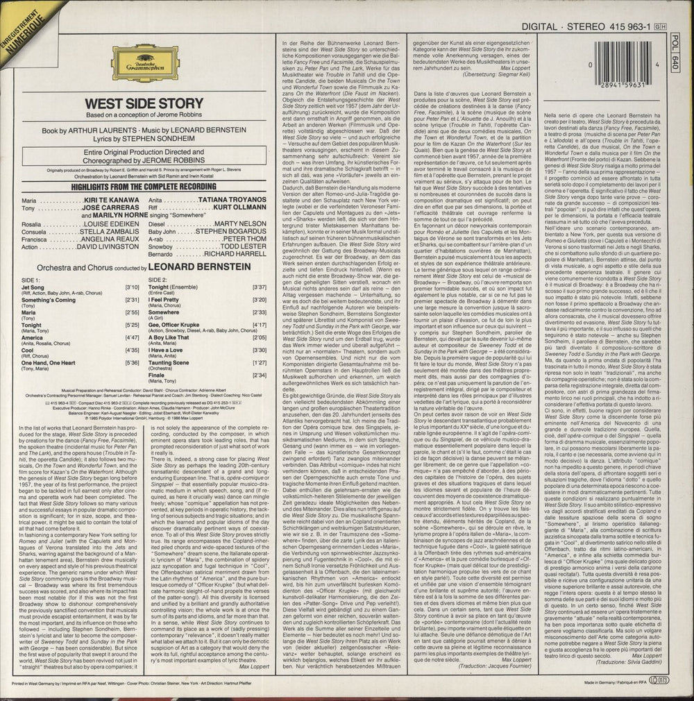 Leonard Bernstein West Side Story (Highlights) German vinyl LP album (LP record) 028941596314