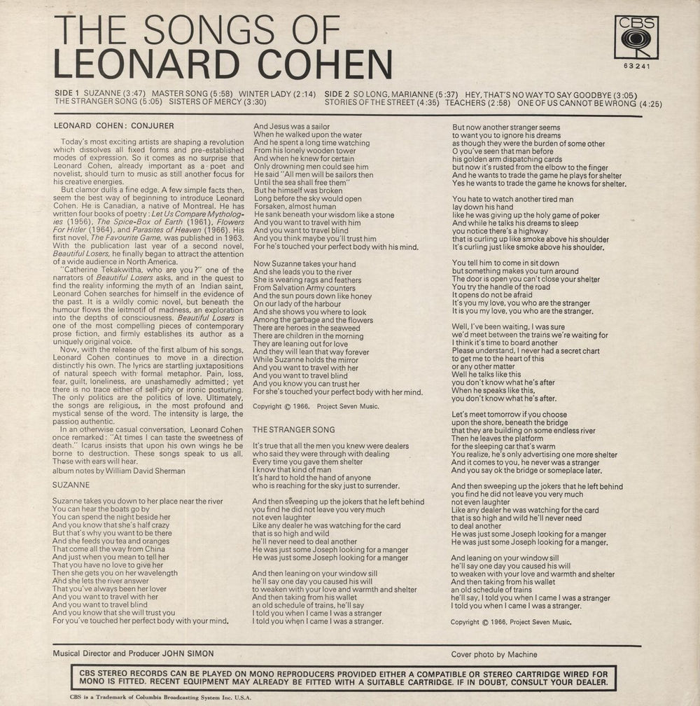 Leonard Cohen Songs Of Leonard Cohen - 2nd - Matt Sleeve UK vinyl LP album (LP record)