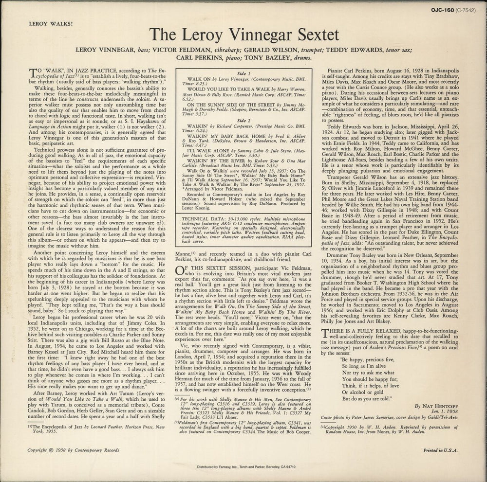 Leroy Vinnegar Leroy Walks! US vinyl LP album (LP record)