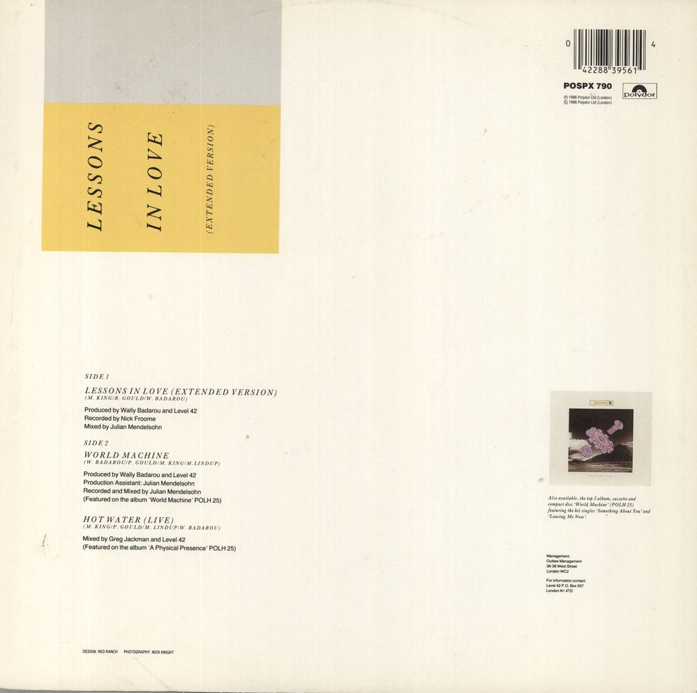 Level 42 Lessons In Love UK 12" vinyl single (12 inch record / Maxi-single) 042288395614