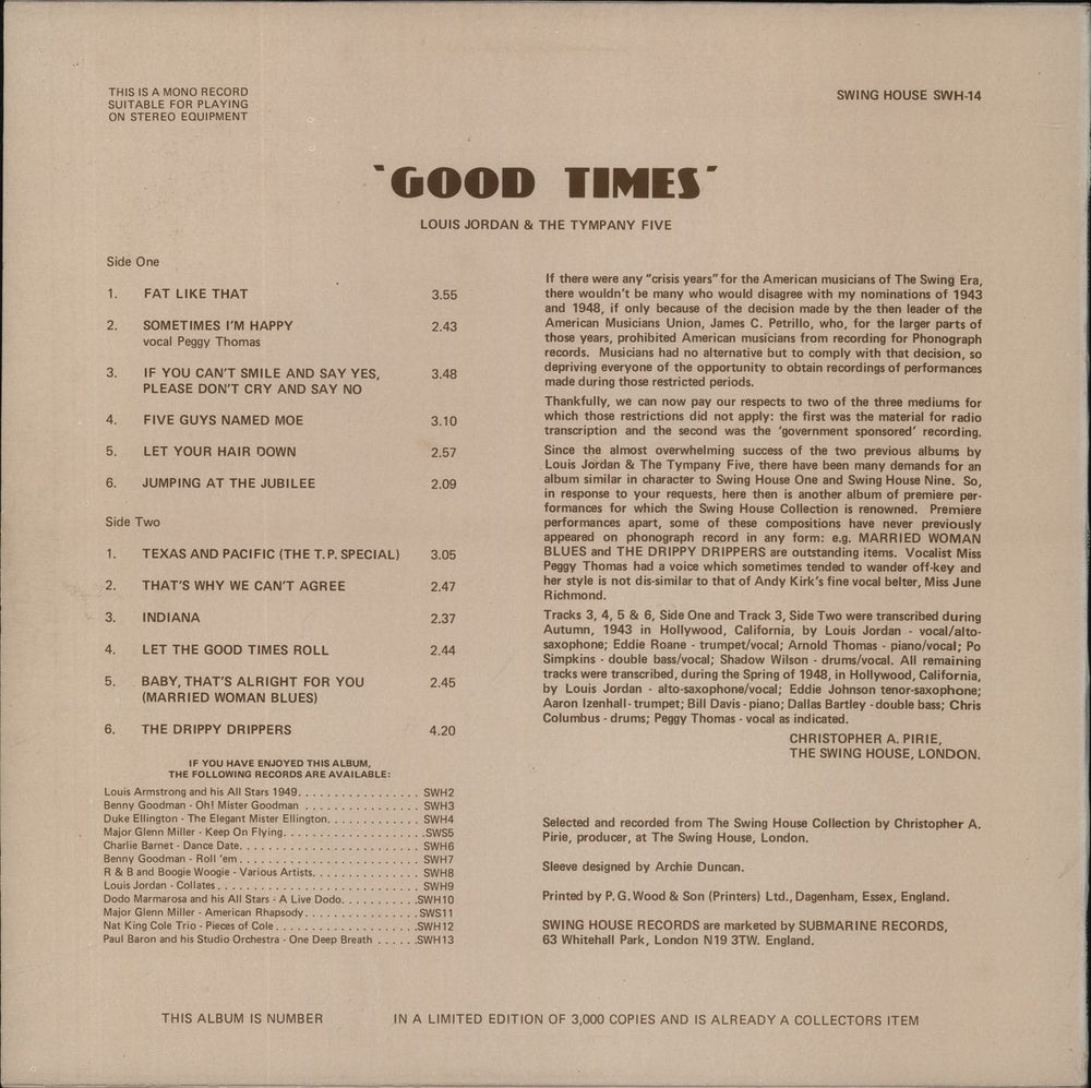 Louis Jordan Good Times UK vinyl LP album (LP record)