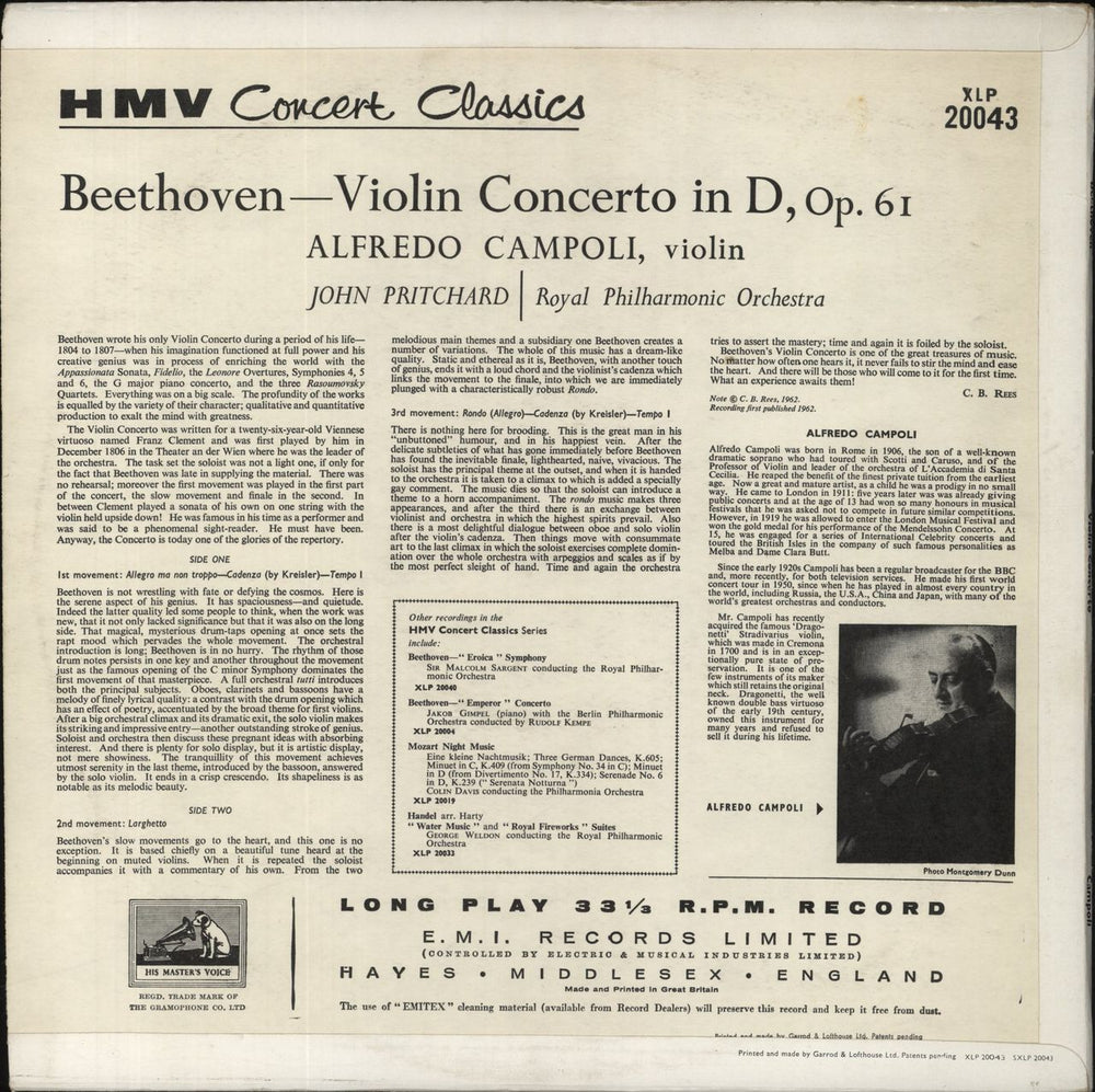 Ludwig Van Beethoven Beethoven: Violin Concerto In D Opus 61 UK vinyl LP album (LP record)