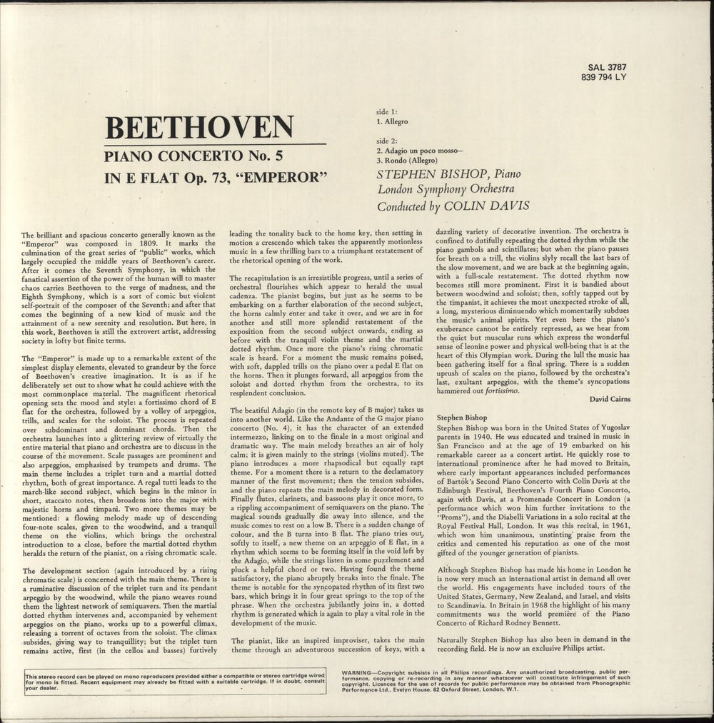 Ludwig Van Beethoven Piano Concerto No.5 in E Flat Op.73 'Emperor' UK vinyl LP album (LP record)