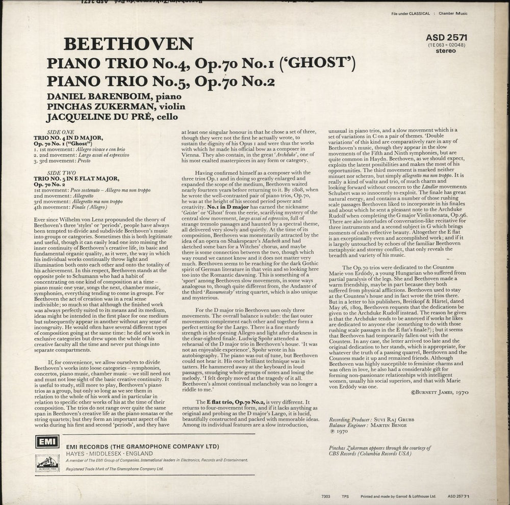 Ludwig Van Beethoven Piano Trio No. 4, Op. 70 No. 1 'Ghost', Piano Trio No. 5, Op. 70 No. 2 UK vinyl LP album (LP record)