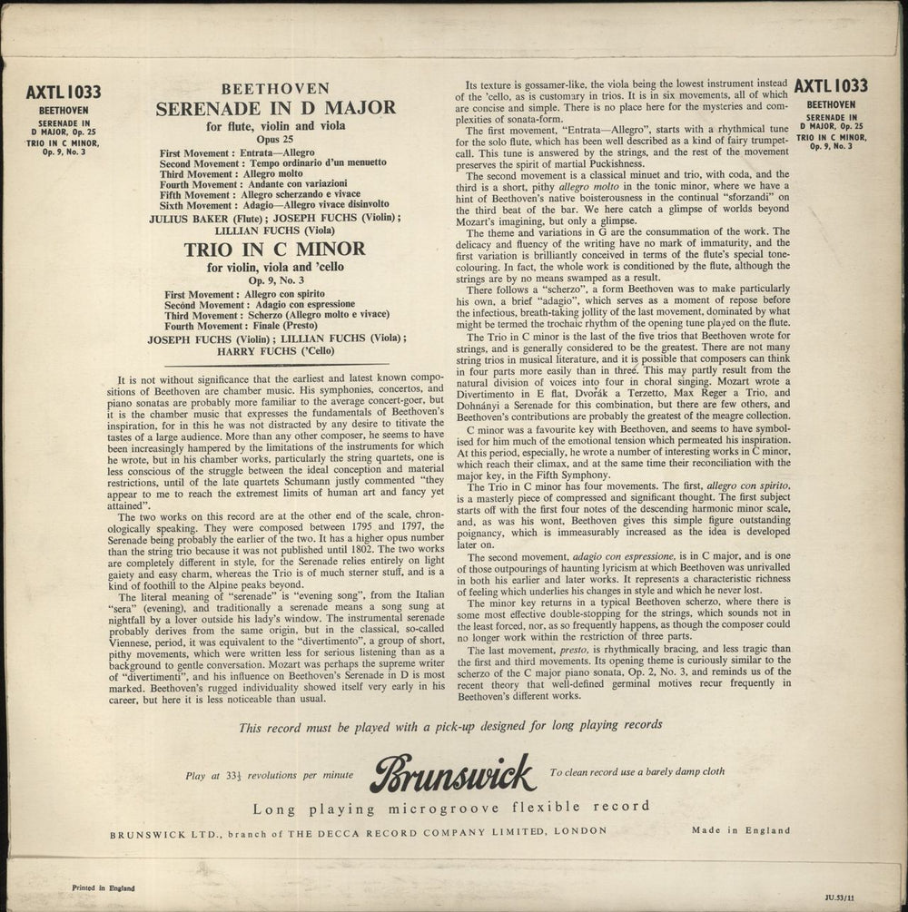 Ludwig Van Beethoven Serenade In D Major, Op. 25 For Flute, Violin And Viola Trio In C Minor, Op. 9, No. 3 For Violin, Vi UK vinyl LP album (LP record)