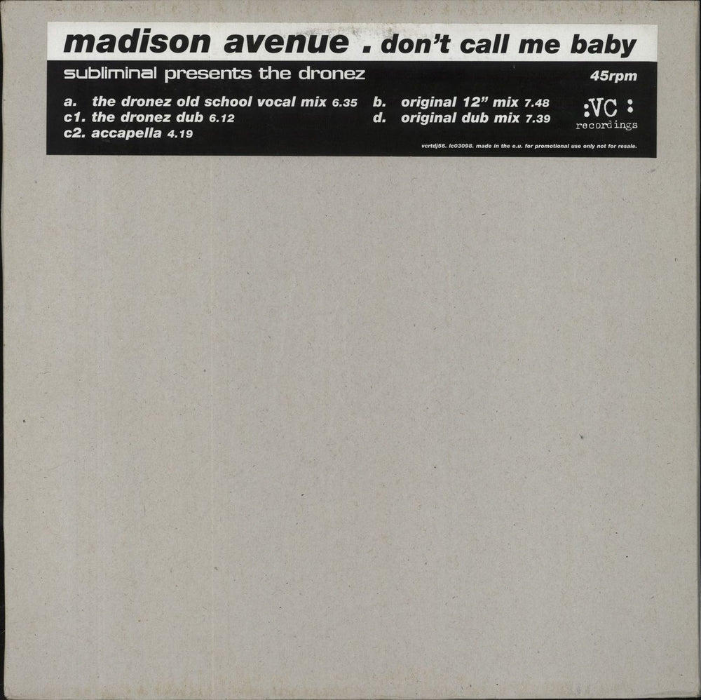 Madison Avenue Don't Call Me Baby UK Promo 12" vinyl single (12 inch record / Maxi-single) VCRTDJ56