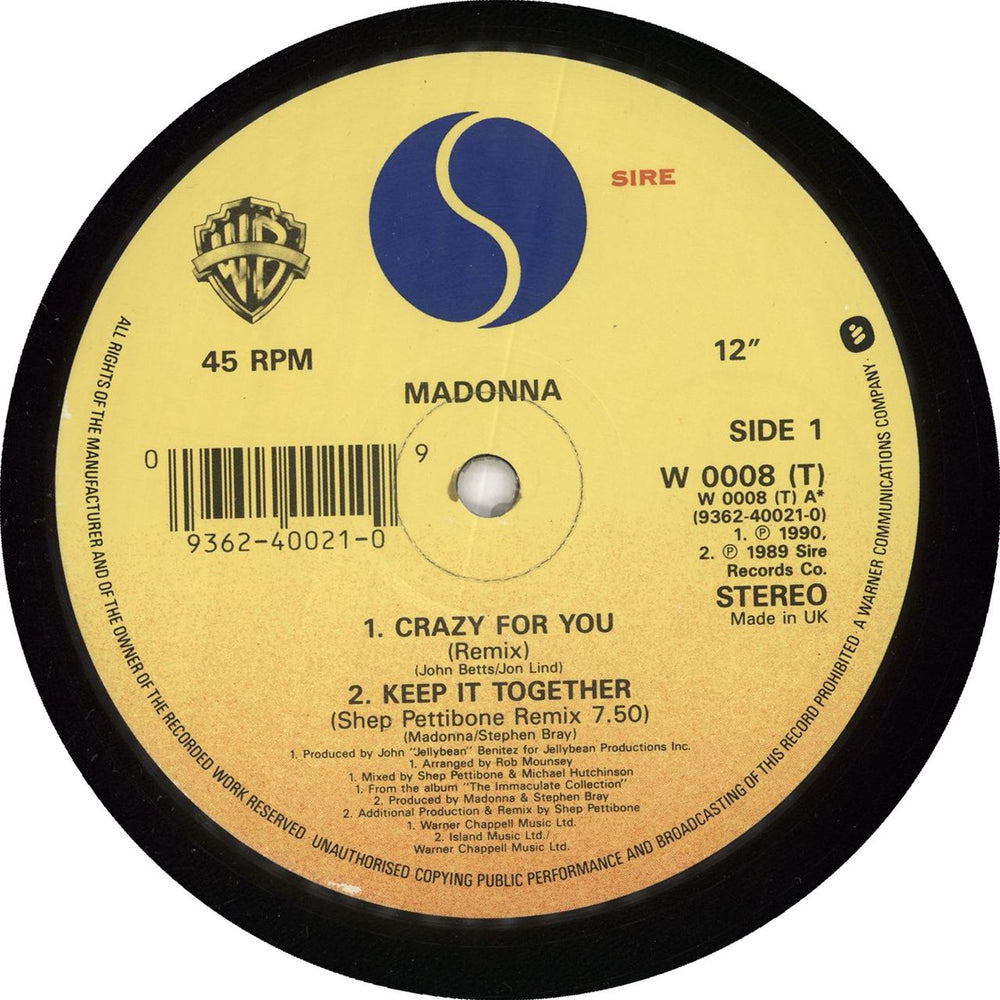 Madonna Crazy For You UK 12" vinyl single (12 inch record / Maxi-single) MAD12CR05463