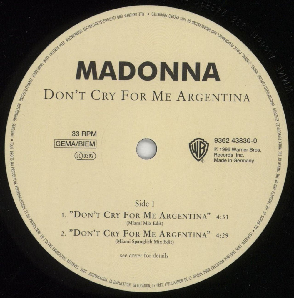 Madonna Don't Cry For Me Argentina German 12" vinyl single (12 inch record / Maxi-single) MAD12DO78298