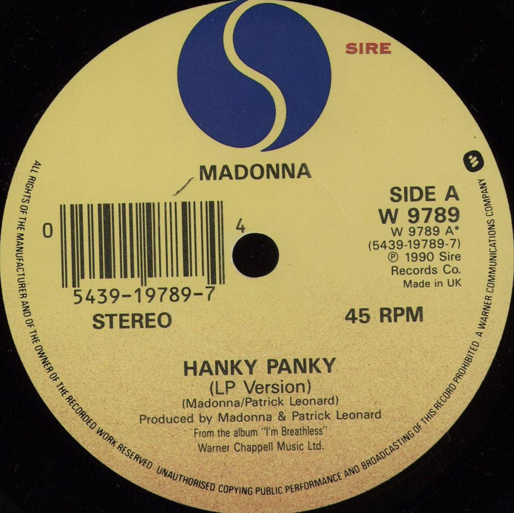 Madonna Hanky Panky - Solid + Paper sleeve UK 7" vinyl single (7 inch record / 45) MAD07HA730695