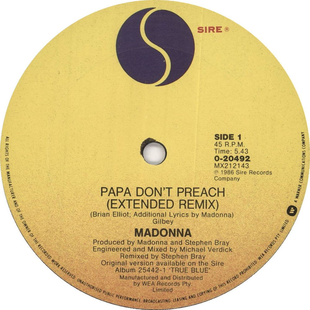 Madonna Papa Don't Preach Australian 12" vinyl single (12 inch record / Maxi-single) MAD12PA310012