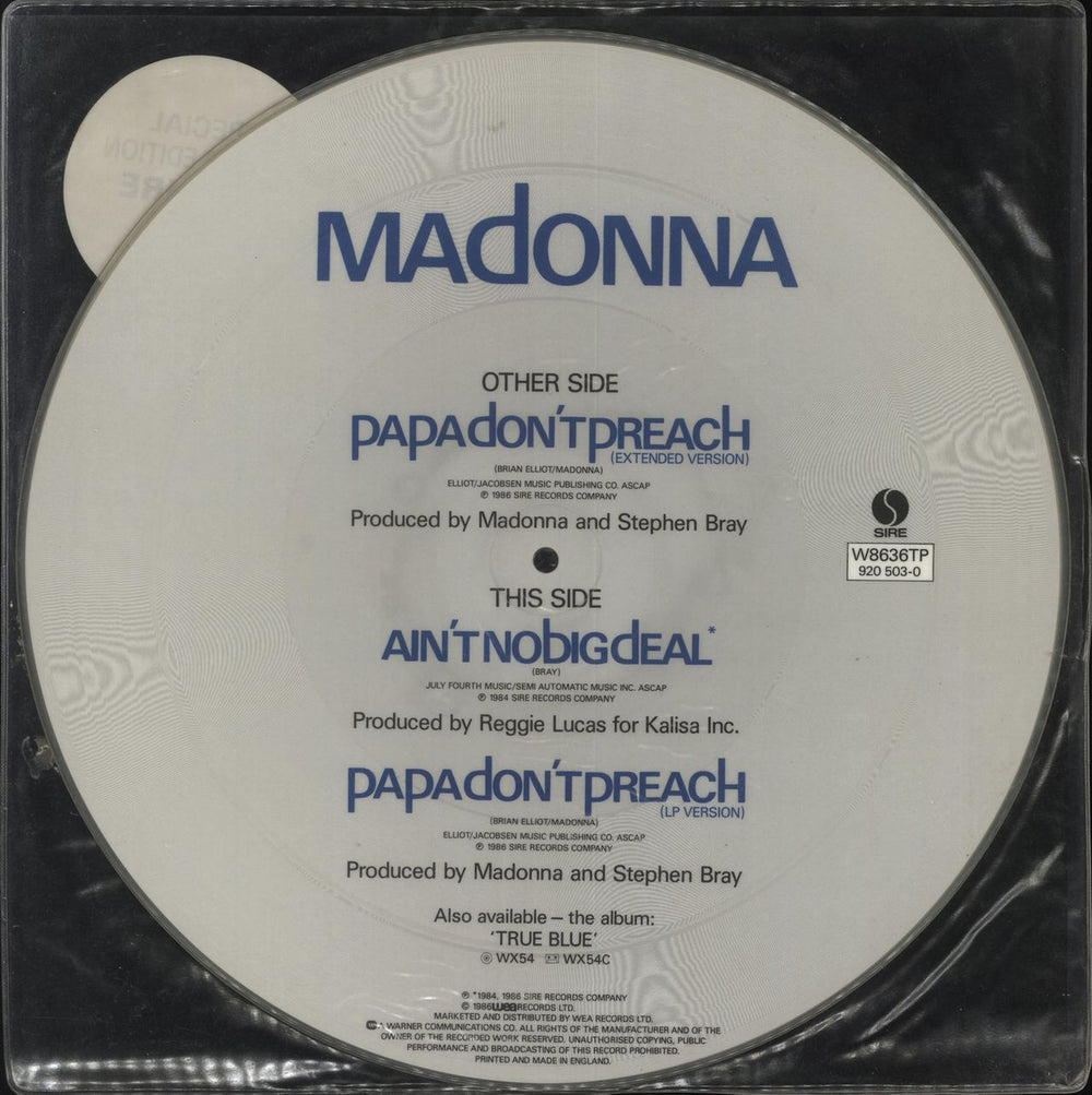 Madonna Papa Don't Preach + Stickered sleeve UK 12" vinyl picture disc (12 inch picture record)