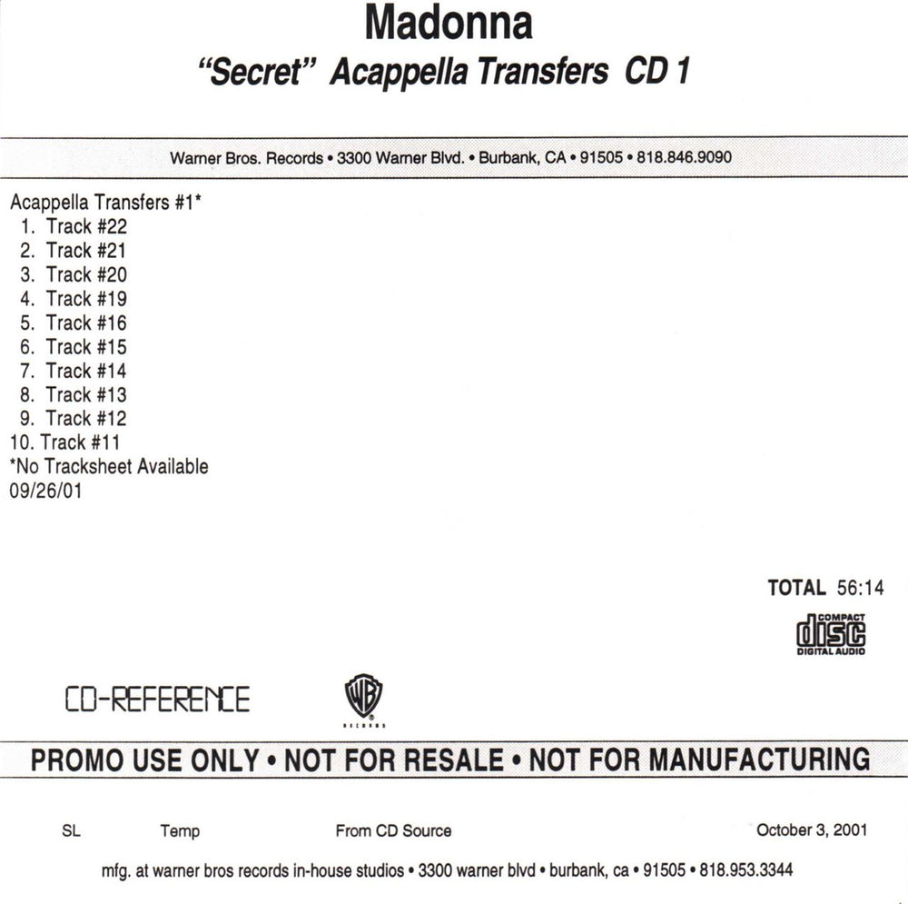 Madonna Secret Acappella Transfers CD1 US Promo CD-R acetate CD-R