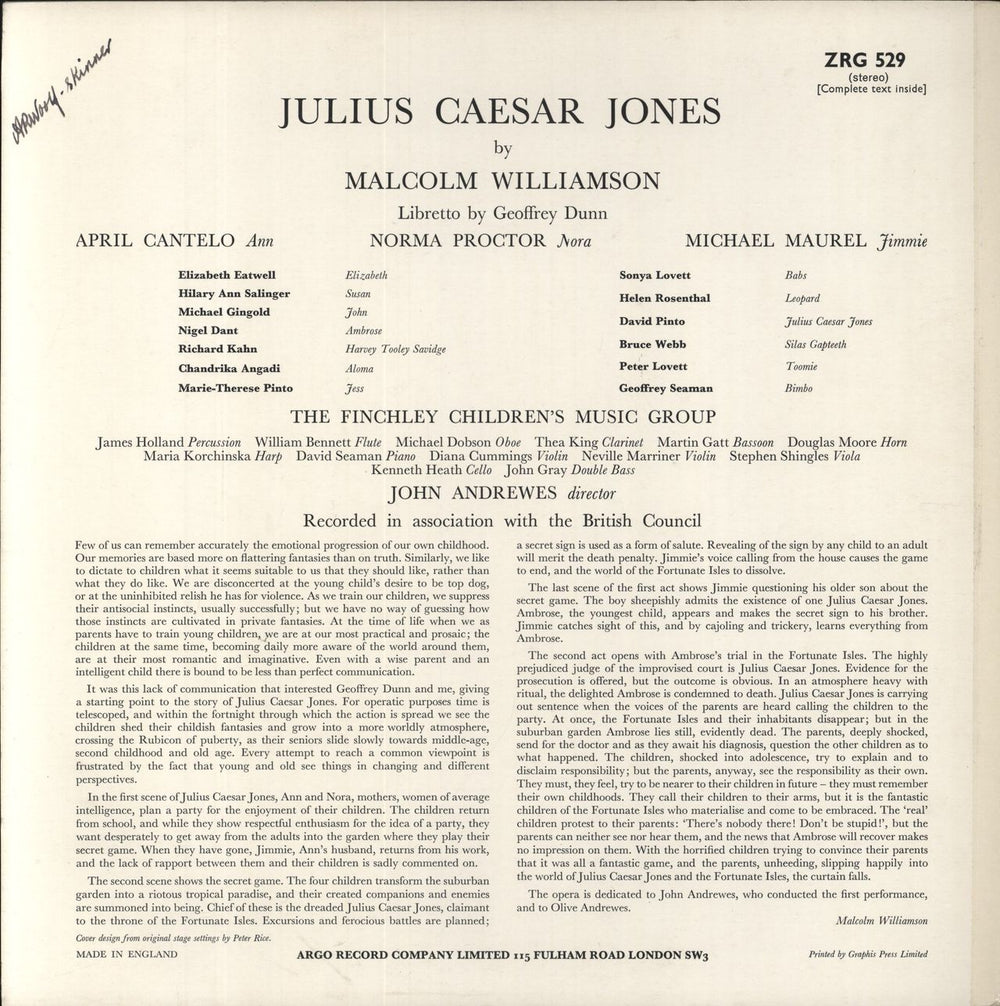 Malcolm Williamson Julius Caesar Jones UK vinyl LP album (LP record)